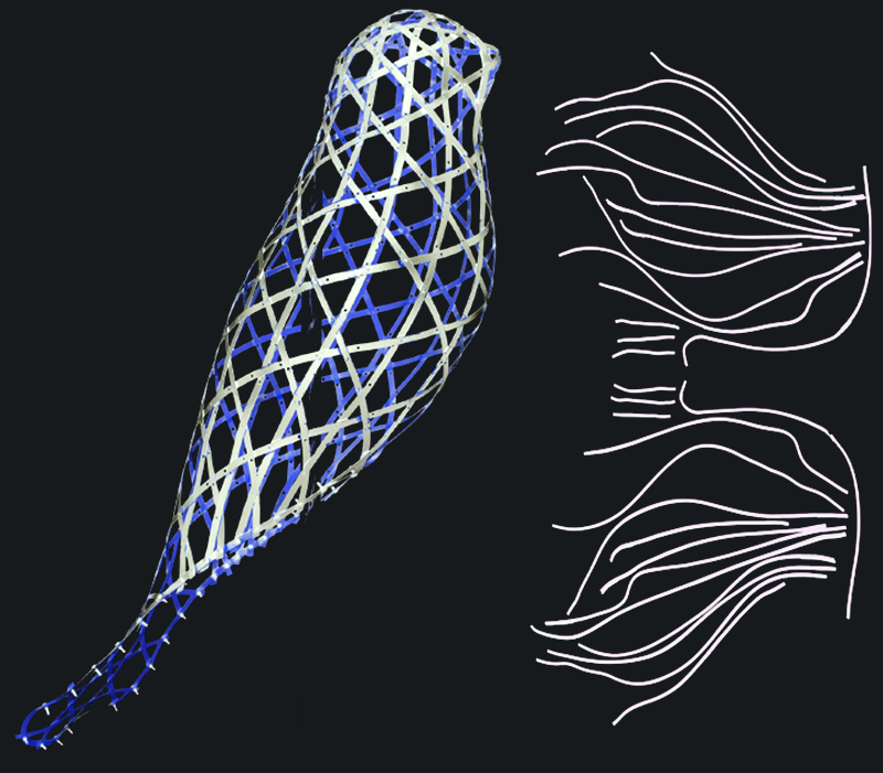 A woven bird sculpture in yellow and dark ribbons on a thin stand, with the curved flat ribbon patterns for its wings and tail shown at right