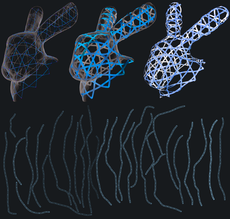 A woven Stanford-bunny form shown in three colorways, light, pale blue, and dark blue, above the set of wavy laser-cut ribbons that build it