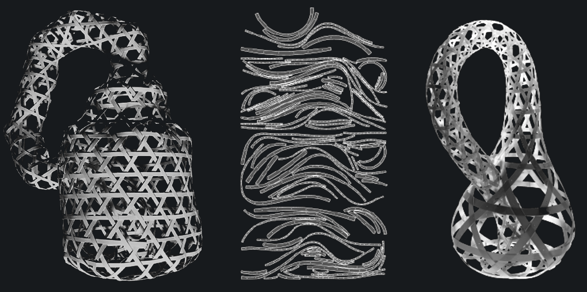 Three woven forms: an artist's ad-hoc hand-woven vessel at left, a set of computer-generated flat ribbon patterns in the center, and a hand-woven looped minimal surface at right