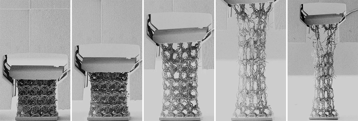 Scanning electron microscope sequence of a micrometer-scale volumetric knit stretched uniaxially to rupture