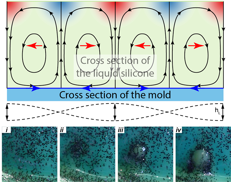 Cross-section schematic of the steady streaming flow in the liquid silicone over one vibration wavelength, with streamlines and pressure, alongside photographs of silicone gathering at the antinodes