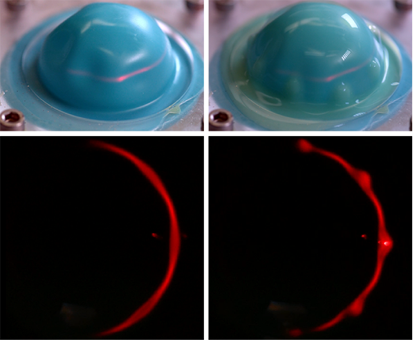Overhead views of the vibrating mold with a laser sheet, showing silicone accumulations aligned with the antinode positions of the standing-wave mode