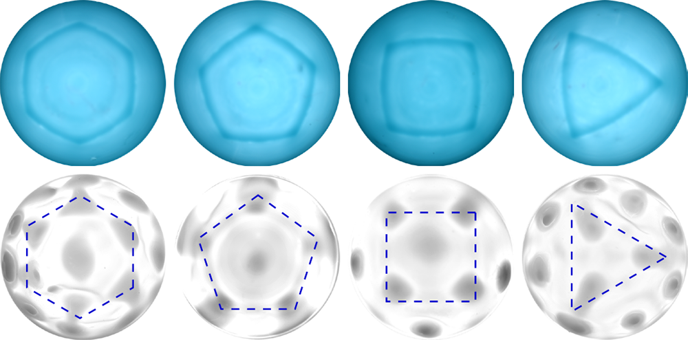 Shells cast on molds with hexagonal, pentagonal, square, and triangular protrusions, each producing bumps at the polygon vertices
