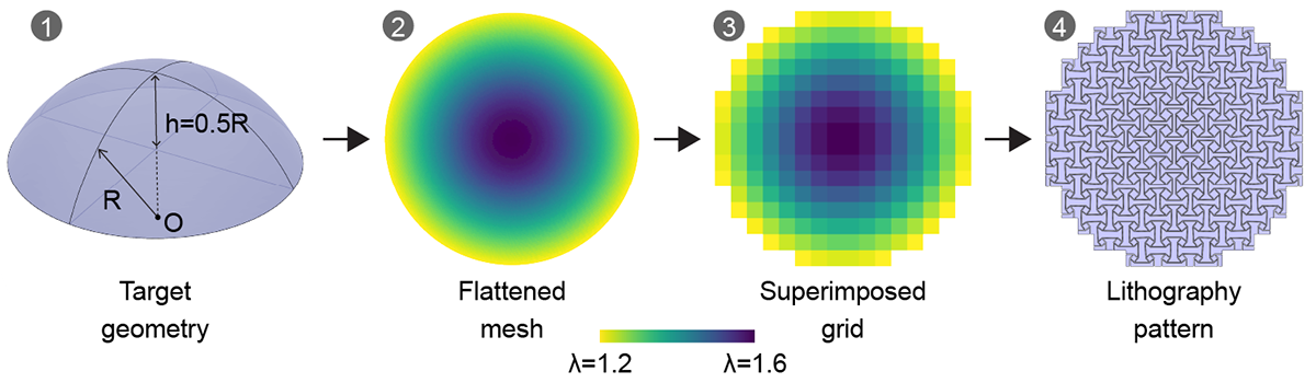 Digital design pipeline for a dome: target mesh, conformal flattening, grid-sampled scale factor, and the resulting per-cell lithography pattern
