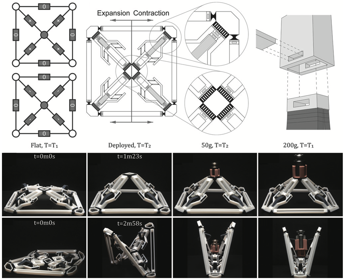 A shape-memory-polymer-driven structure deploying from flat on heating, with expansion and contraction units, and load-bearing tests at 50 g and 200 g in the deployed state