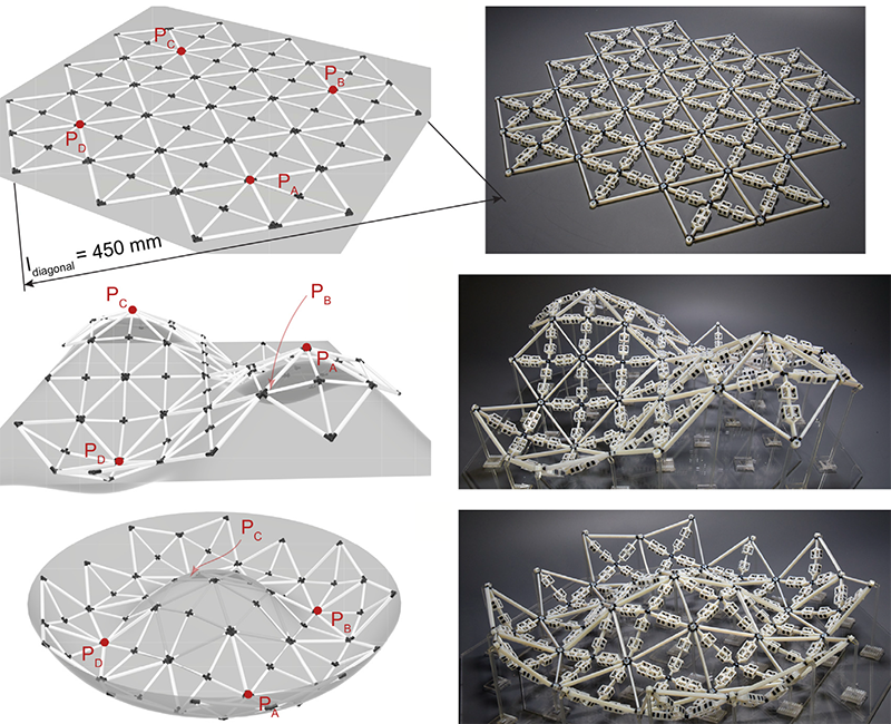 A large, roughly 400 mm flat printed array deploying into a doubly-curved structure