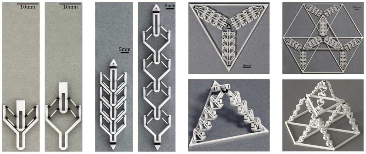 The printed bistable unit actuator in its two states, and the same actuator assembled hierarchically into chevron strips and tetrahedral space-frame structures