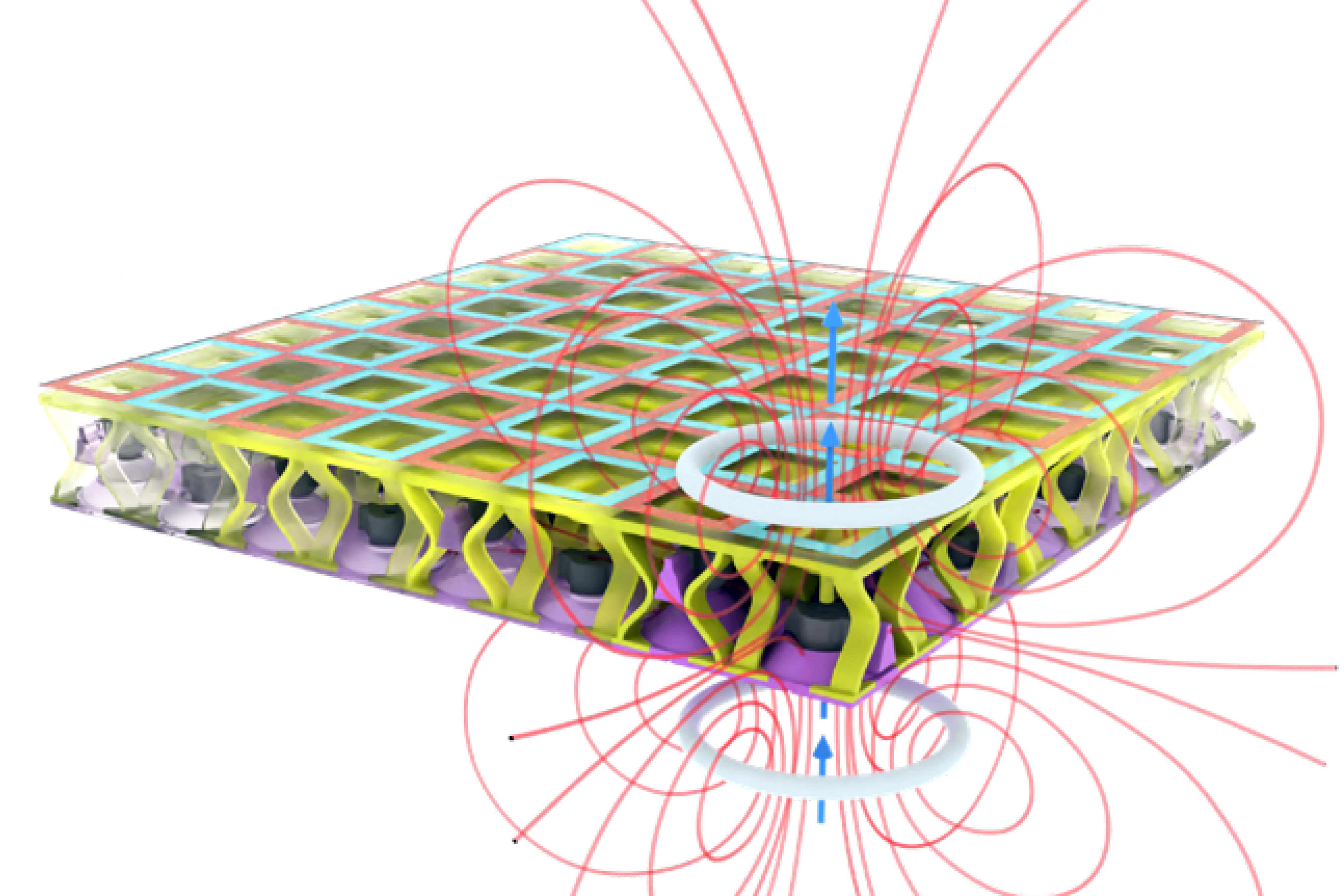 A tiled array of bistable mechanical bits switched between two states by a magnet