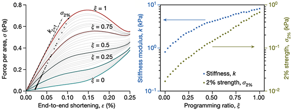Force-area curves for programming ratios from zero to one, and a plot of stiffness and 2% strength rising with the programming ratio