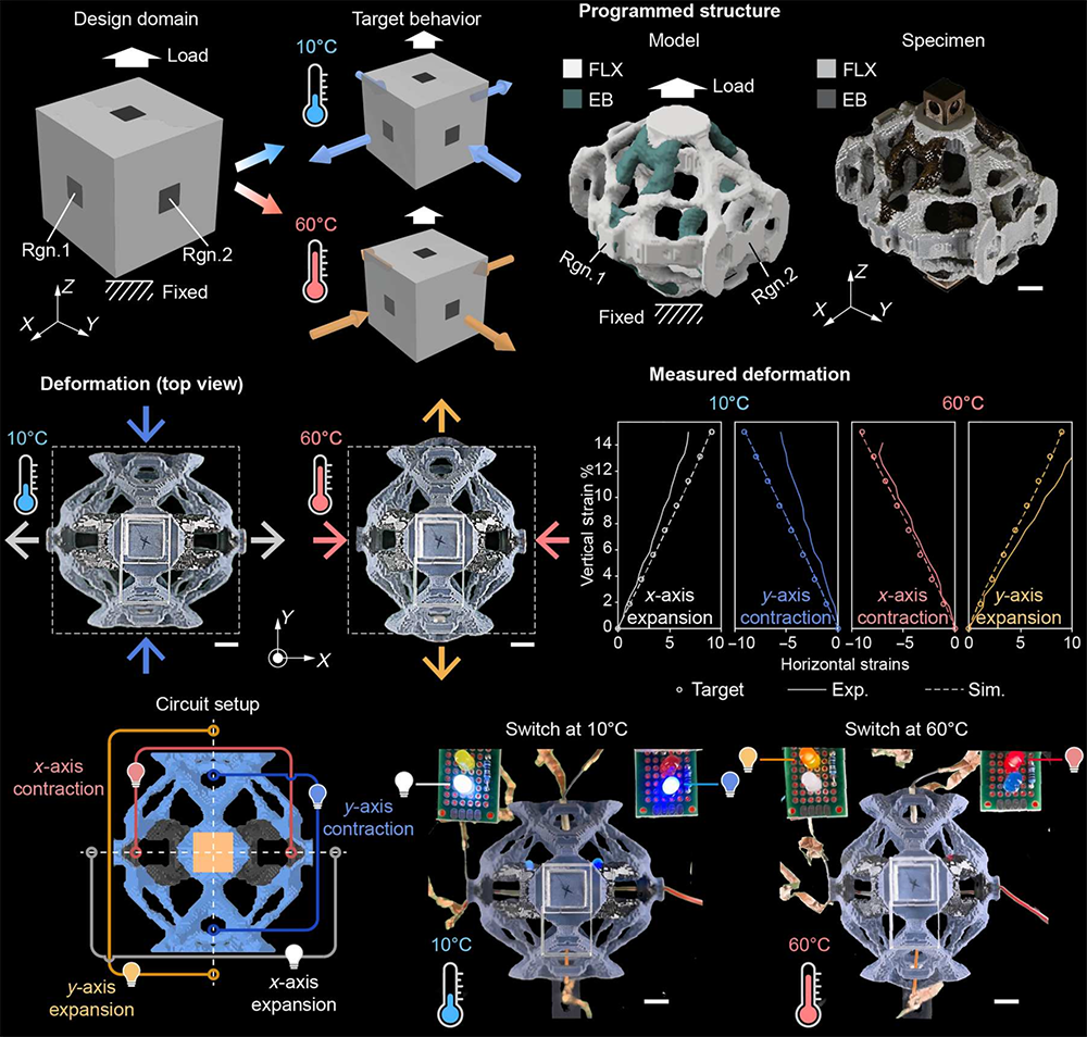 A 3D cubic metamaterial whose axis of expansion switches between two directions with temperature, shown as design, printed specimen, measured deformation, and a circuit demonstration