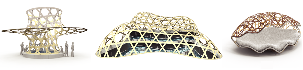 Renderings of architectural-scale woven structures, including a pavilion and a canopy, and a woven ceramic piece