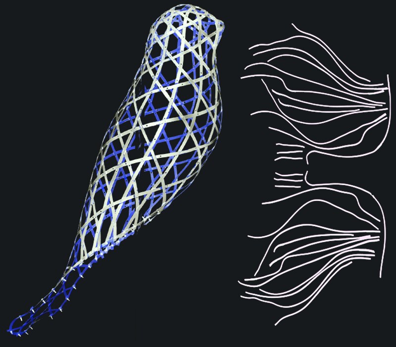 A woven bird sculpture in yellow and dark ribbons on a thin stand, with the curved flat ribbon patterns for its wings and tail shown at right