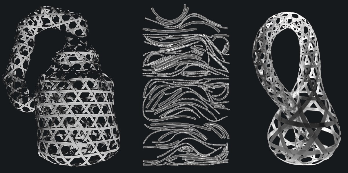 Three woven forms: an artist's ad-hoc hand-woven vessel at left, a set of computer-generated flat ribbon patterns in the center, and a hand-woven looped minimal surface at right