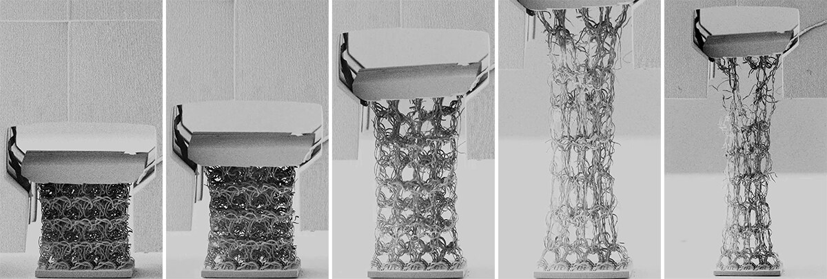 Scanning electron microscope sequence of a micrometer-scale volumetric knit stretched uniaxially to rupture