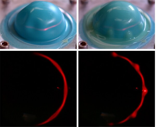 Overhead views of the vibrating mold with a laser sheet, showing silicone accumulations aligned with the antinode positions of the standing-wave mode