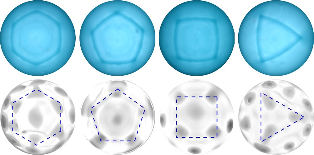 Shells cast on molds with hexagonal, pentagonal, square, and triangular protrusions, each producing bumps at the polygon vertices