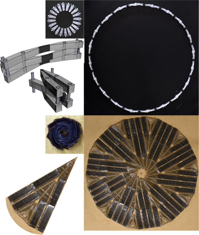 The scissor mechanism unit and printed ring in collapsed and expanded states, the folded flasher origami, one wedge-shaped segment with solar panels, and the fully expanded array