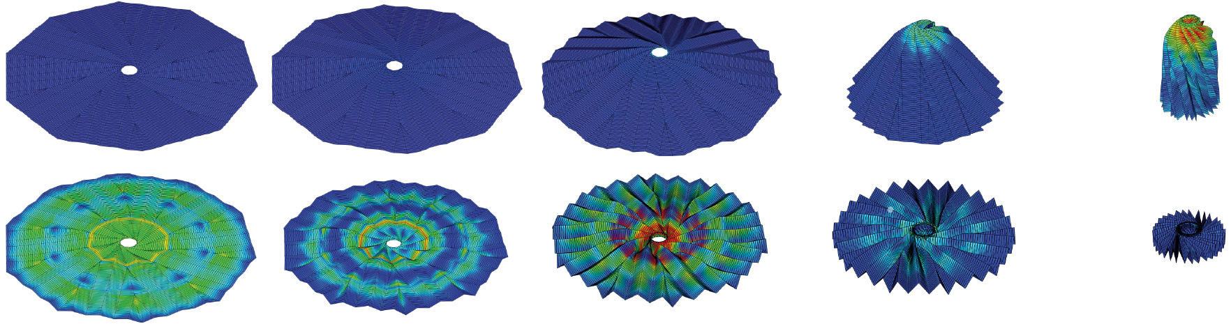 Simulation frames of the flasher origami folding along two paths of the bifurcation: collapapsing toward a cone in one sequence and toward a flat disk in the other