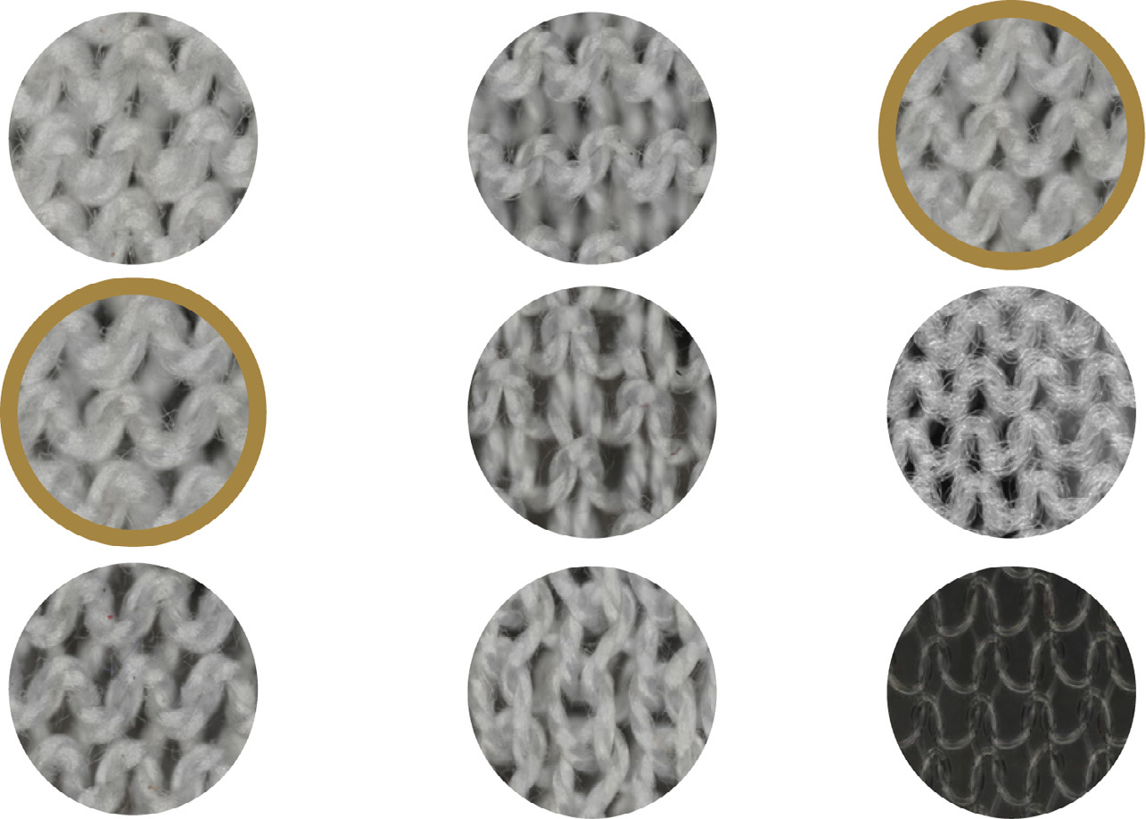 Microscope images of nine knit fabric variations - different stitch patterns, stitch lengths, and yarns - photographed as circular close-ups