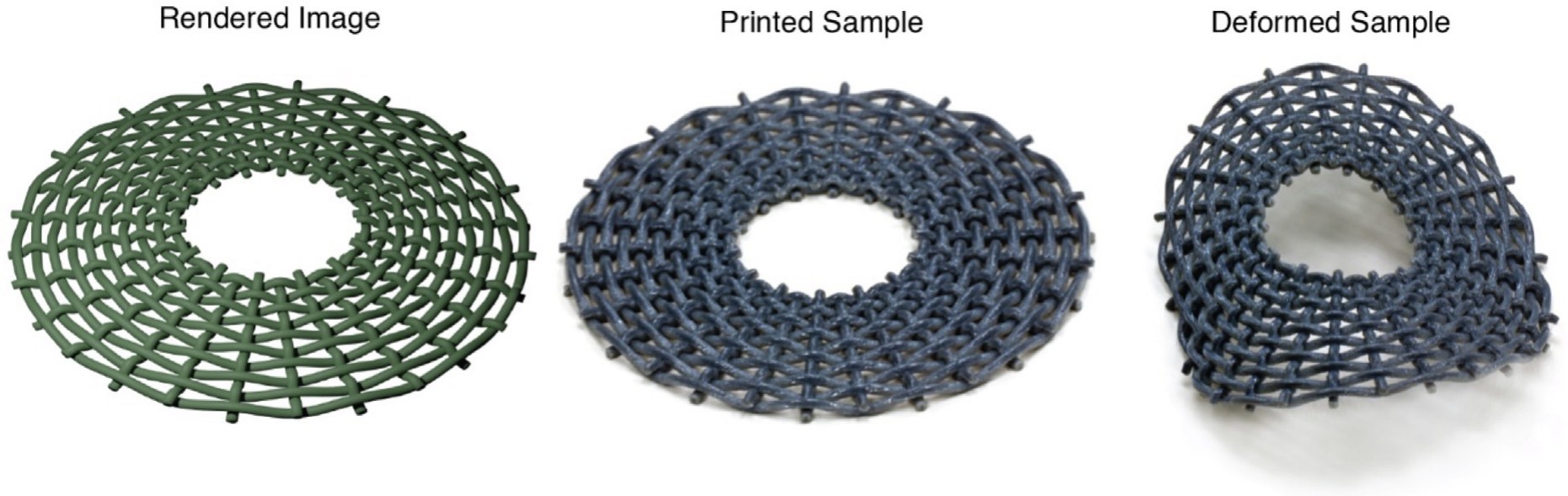 A ring-shaped weave whose circumferential yarns are closed loops, shown as a render, as printed, and deformed