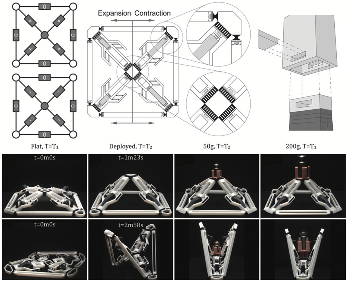 A shape-memory-polymer-driven structure deploying from flat on heating, with expansion and contraction units, and load-bearing tests at 50 g and 200 g in the deployed state