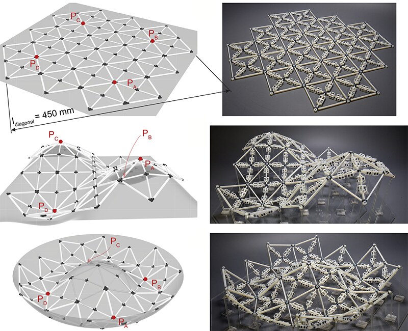A large, roughly 400 mm flat printed array deploying into a doubly-curved structure