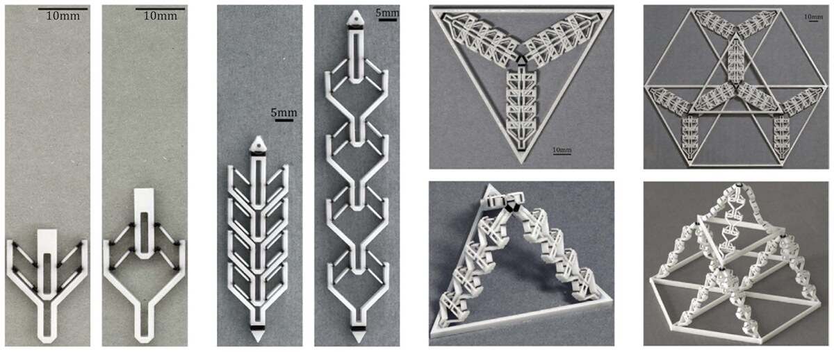 The printed bistable unit actuator in its two states, and the same actuator assembled hierarchically into chevron strips and tetrahedral space-frame structures