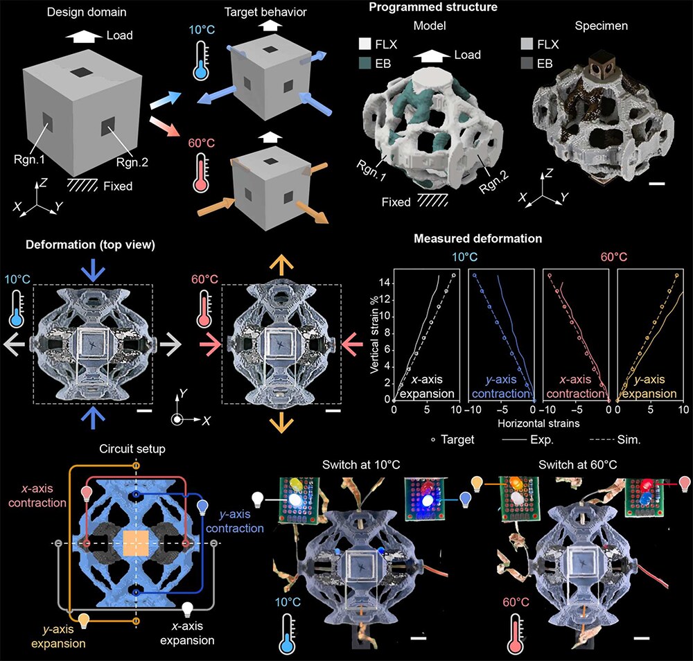 A 3D cubic metamaterial whose axis of expansion switches between two directions with temperature, shown as design, printed specimen, measured deformation, and a circuit demonstration