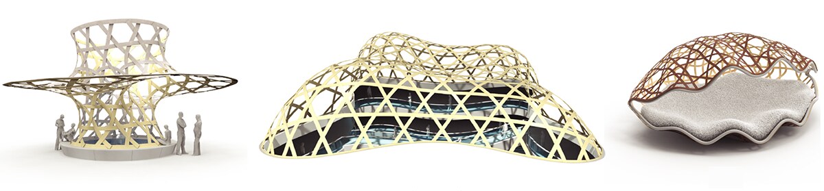 Renderings of architectural-scale woven structures, including a pavilion and a canopy, and a woven ceramic piece