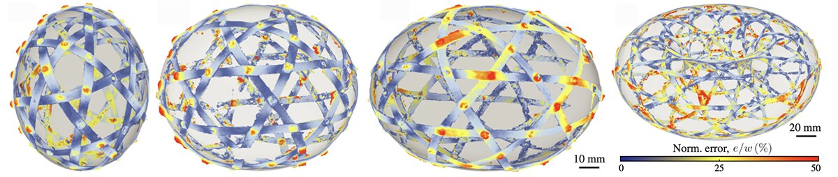 A woven sphere shown through stages of the design, colored by curvature and by the deviation between simulated and target surface