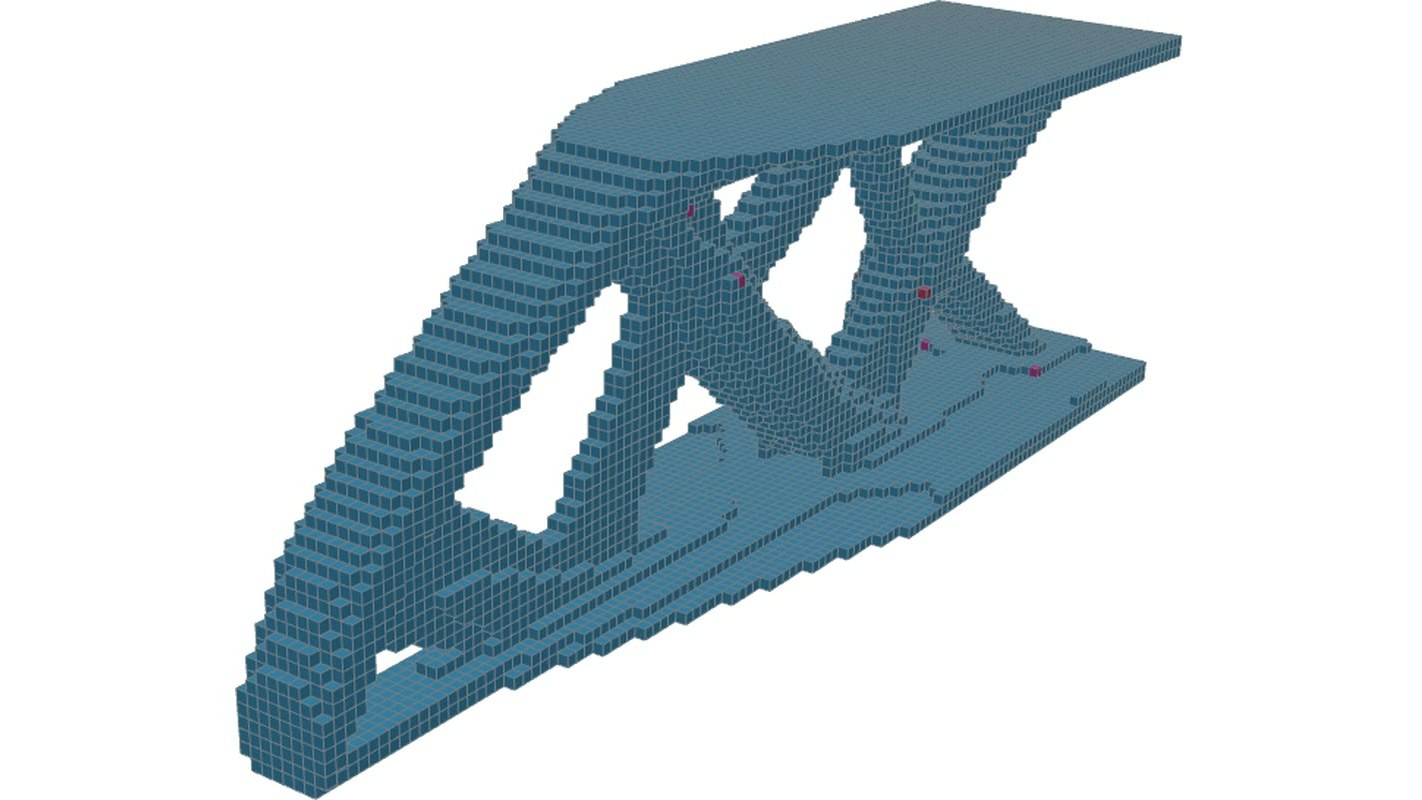 A topology-optimised cantilever rendered as blue voxels, with load points marked in red